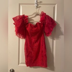 Hello Miss size S red of the shoulder ruffle sleeve mini party dress!